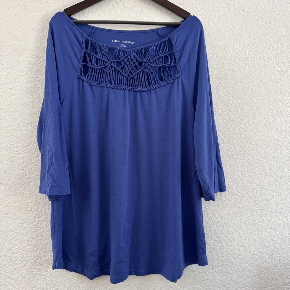 Soft Surroundings Zalie Macrame Tunic Top Blue Women's Size XL Knit Boho Crochet